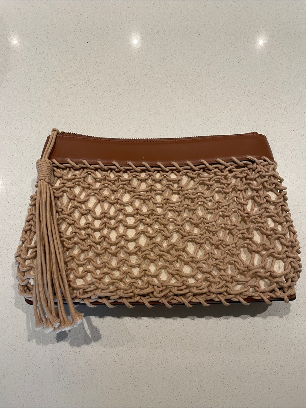 Zara Woven Tassel Clutch Bag in Tan and Brown